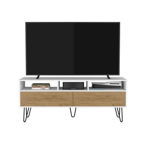 English Elm Glenns Ferry TV Stand with Hairpin Legs - White & Macadamia Engineered Wood, Cable-Friendly Storage B092P286119