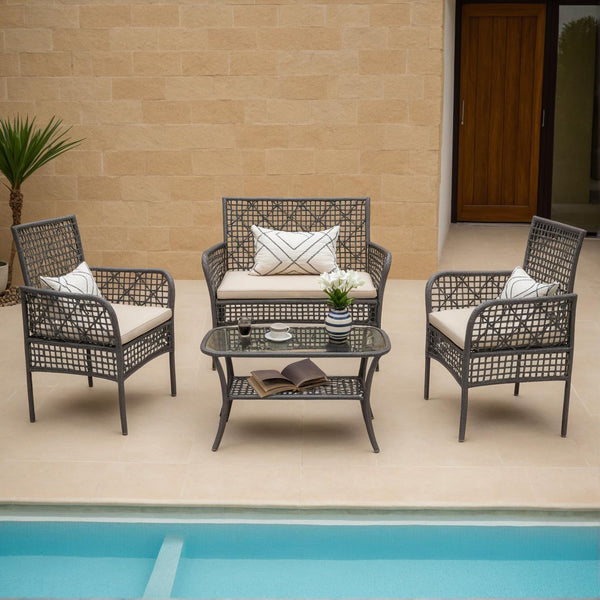 English Elm 4 Piece Outdoor Pe Rattan Wicker Conversation Set with Tempered Glass Coffee Table Beige W2071P296910