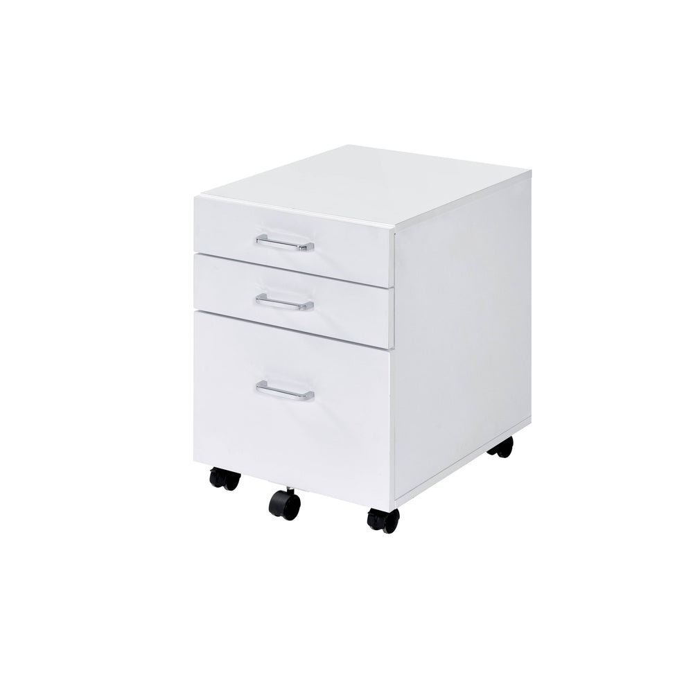 English Elm Tennos Modern White & Chrome File Cabinet with 4-Tier Shelves, 3 Drawers, Wheels & X-Frame Design B2726P294781