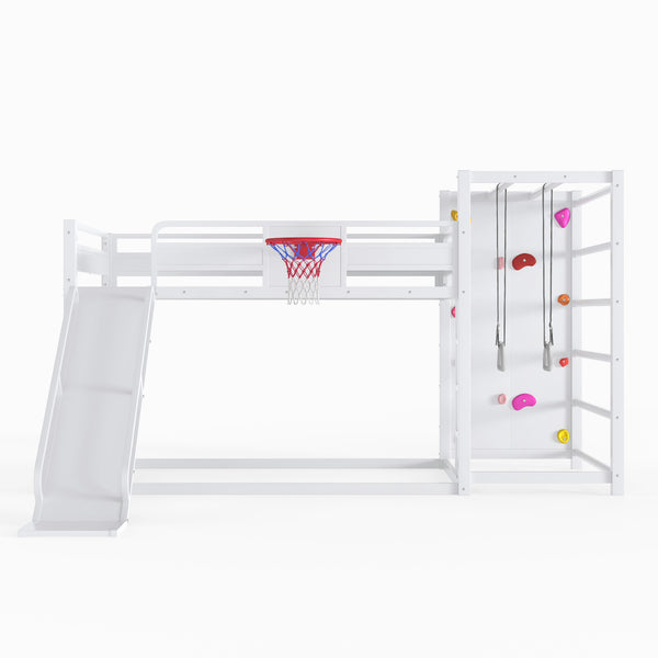 English Elm Twin Metal Loft Bed with Slide Basketball Hoop Climbing Wall and Built-in Shelves W1580S00634