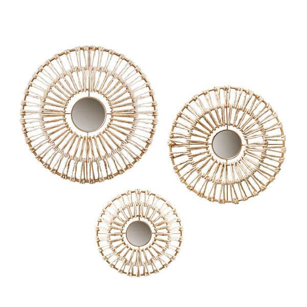 JLA Home Madison Park - Round Natural Fiber and Mirror 3-Piece Wall Accents — Boho Corn Husk Mirrors for Living Room Decor MP95B-0241