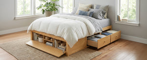 English Elm Queen Platform Storage Bed with Hydraulic Lift Footboard and Four Drawers Antique Finish Natural LP000139AAN