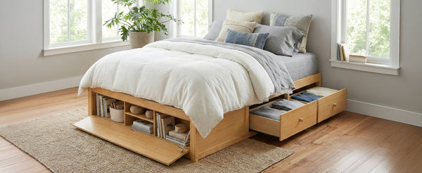 English Elm Queen Platform Storage Bed with Hydraulic Lift Footboard and Four Drawers Antique Finish Natural LP000139AAN