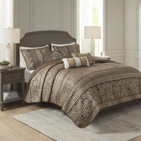 English Elm 6 Piece Bellagio Jacquard Quilt Set Reversible Full/Queen with Embroidered Leaf Motifs & Pillows Brown+Gold 22.44 L x 17.32 W x 12.2 H B03597483