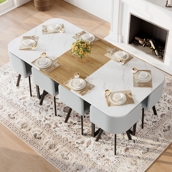 English Elm 9-piece Square Dining Set with Marble Wood Tabletop and Gray Pu Leather Chairs for 8 W3875S00146