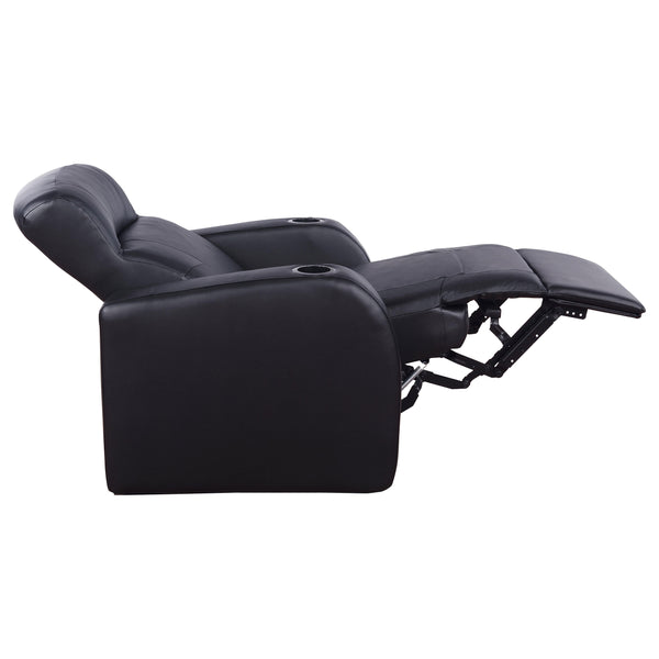 English Elm Black Top-grain Leather Home Theater Seating Row with Pocket Coil Recliners and Consoles B062S01838