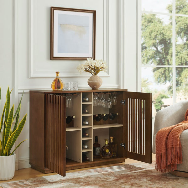 English Elm Mid Century Fluted Buffet Sideboard with Integrated Wine Rack and Glass Holder Storage Walnut W1801P454196