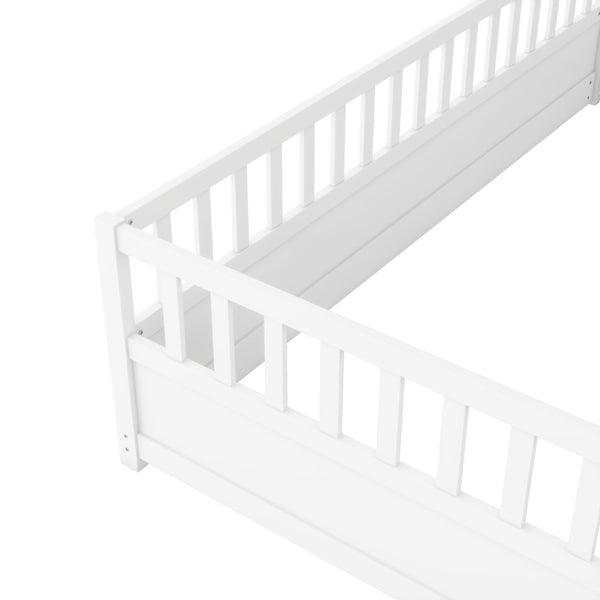 English Elm Twin Montessori Floor Bed Frame With Safety Barrier & Child-Friendly Door - Cozy White Design! W1858P164923-GIGA