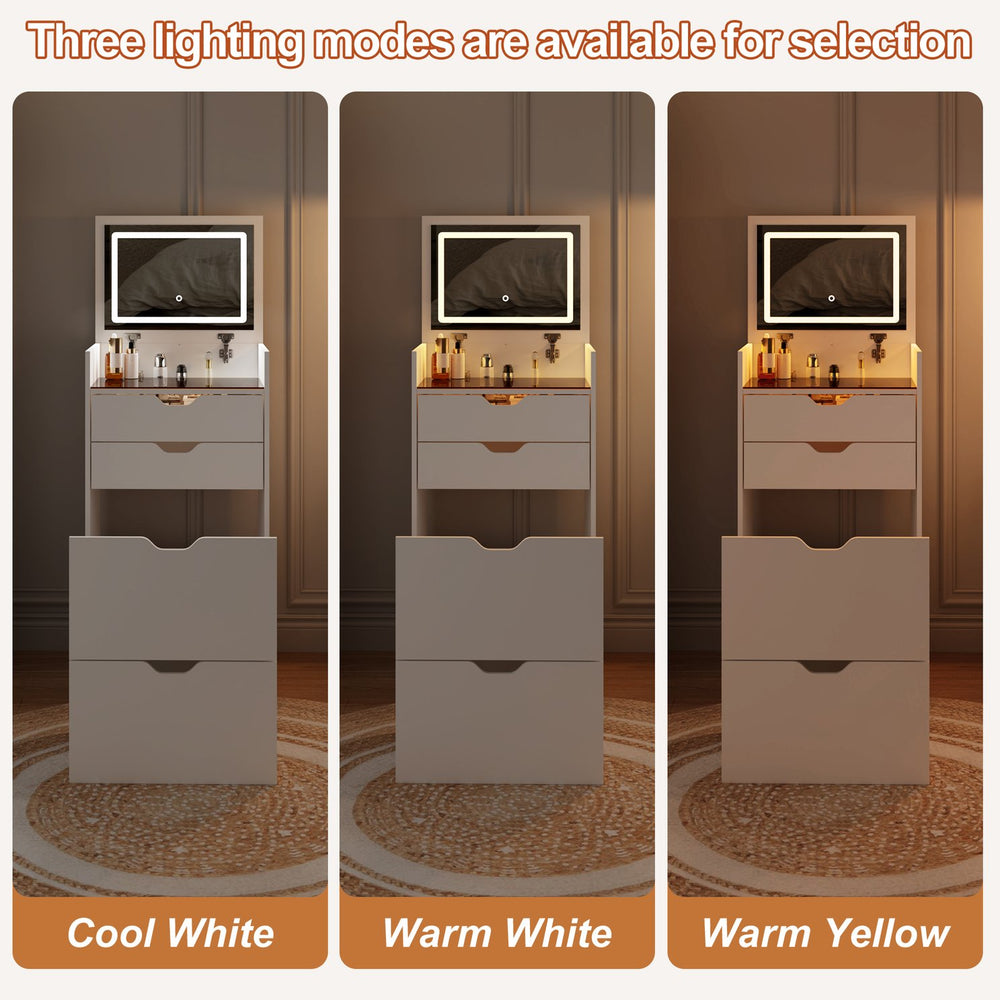 English Elm Dressing Table Set with Led Lit Flip Mirror Hidden Stool and Dual Drawers for Small Spaces W5252P447369