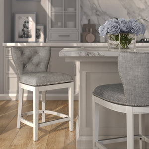 English Elm 26" Tufted Gray Upholstered Swivel Counterstool White Frame for Kitchen Islands B2751P436468