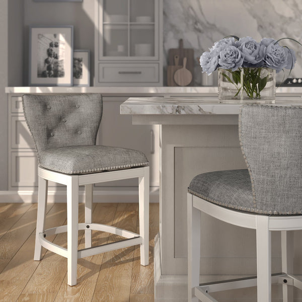 English Elm 26" Tufted Gray Upholstered Swivel Counterstool White Frame for Kitchen Islands B2751P436468