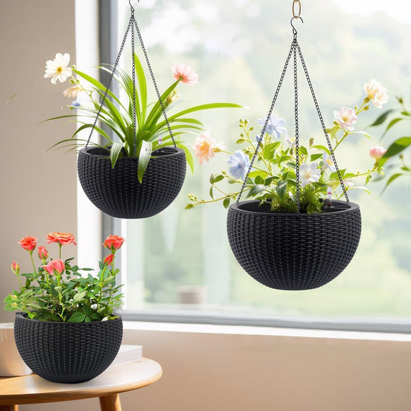 English Elm 13.4 Inch Rattan Texture Self Watering Hanging Planter with Reservoir for Balcony Black W3213P383075
