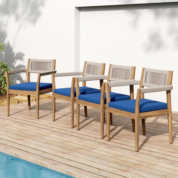 English Elm Christopher Knight Home® - Braided Acacia Wood Outdoor Dining Chairs Set Of 4 – Stylish Teak Finish With Navy Cushions & Rope N770P286668N004