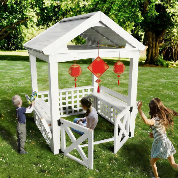 English Elm Modern Cedar Wood Kids Outdoor Playhouse with Waterproof Roof and Built-in Bench W2992P246443