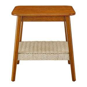 English Elm 23" Mid-Century Side Table with Woven Rattan Shelf, Walnut Finish, Solid Wood Legs, Boho Storage Accent Piece W1801109588