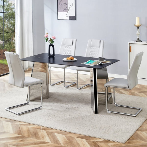 English Elm Table 5-Piece Dining Set: Luxurious Black Marble Top With Stainless Steel Legs & Light Gray Pu Chairs W1151S01963-GIGA