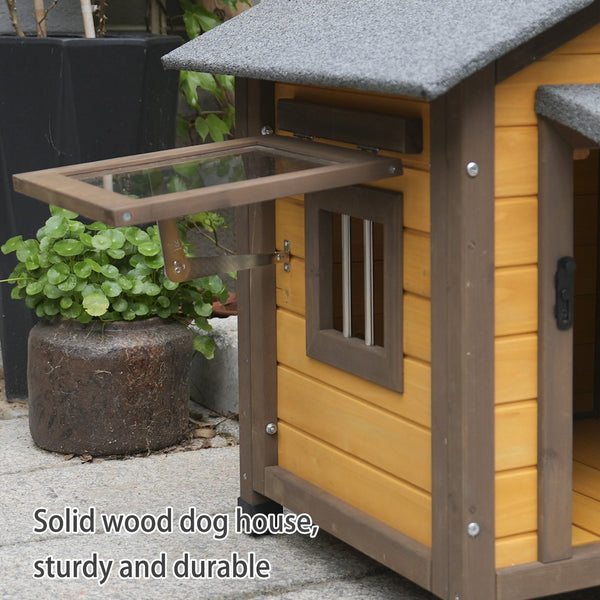 English Elm 45 Inch Solid Wood Outdoor Dog House with Elevated Floor and Waterproof Insulated Roof W1431P388168