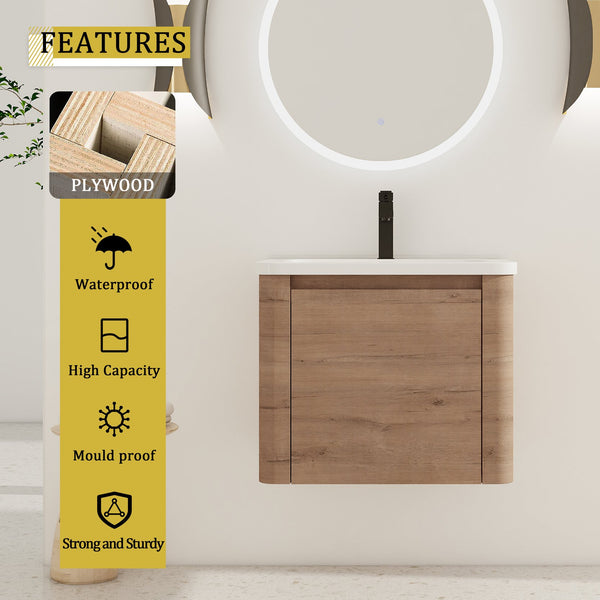 English Elm 24'' 24" Wall-Mounted Bathroom Vanity with Ceramic Sink, Soft-Close Door, Plywood Build, Space-Saving Design Imitative Oak W999P317928