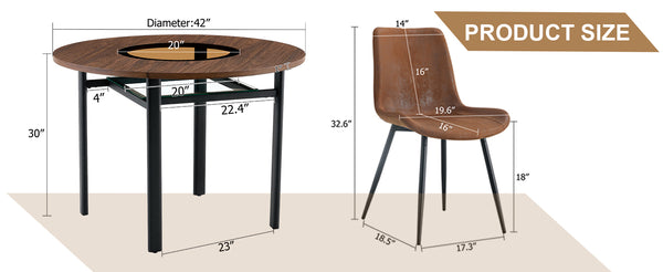 English Elm Table Set 42 Inch Round Wood Grain Glass Inlay with Six Tech-fabric Dining Chairs W1151S04480