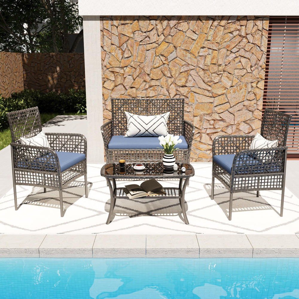 English Elm 4 Piece Outdoor Pe Rattan Wicker Conversation Set with Tempered Glass Coffee Table Blue W2071P296197