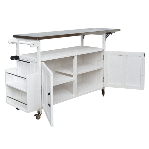 English Elm Foldable Outdoor Kitchen Cart with Stainless Worktop Fir Wood Frame and Lockable Wheels White N719P380279K