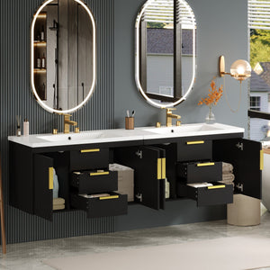 English Elm 72'' Wall Mounted Bathroom Vanity with 4 Drawers & Double Cabinets, Waterproof MDF, Smooth Slide Rails Black N710SS00009B