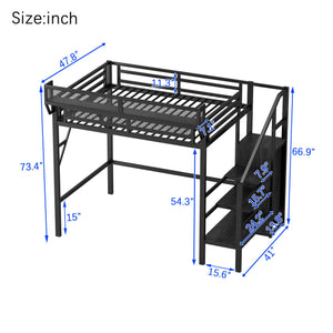 English Elm Twin Metal High Loft Bed with Staircase Storage Wardrobe for Kids and Teens Black W2580S00060
