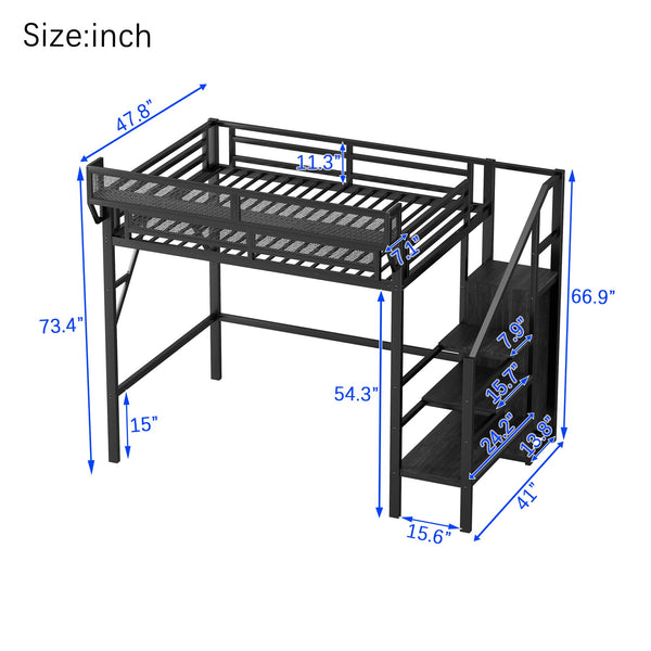 English Elm Twin Metal High Loft Bed with Staircase Storage Wardrobe for Kids and Teens Black W2580S00060