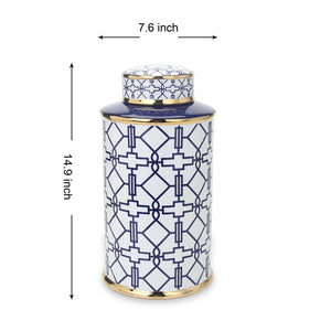 English Elm Elegant White Ceramic Ginger Jar With Blue Geometric Design - Stylish Storage & Accent Piece B030P308552