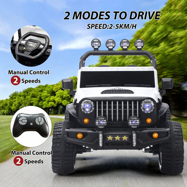 English Elm 24v Two Seat Kids Ride on Car with 4wd Motor Remote Control and Led Lights White W509P378204