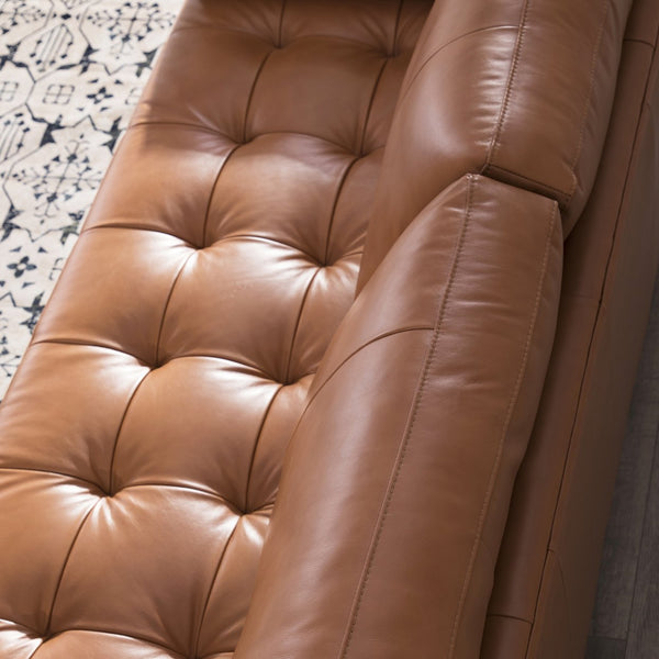 English Elm Mid-Century Tufted Leather Sofa with Brushed Rose Gold Legs, High-Resilience Foam & Durable Coil Support Cognac B193P200155