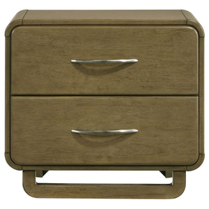 English Elm Tully Nutmeg two-drawer nightstand with metal glide drawers, modern profile, warm wood finish for tidy bedside spaces B062P374094