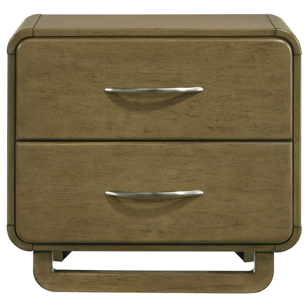 English Elm Tully Nutmeg two-drawer nightstand with metal glide drawers, modern profile, warm wood finish for tidy bedside spaces B062P374094