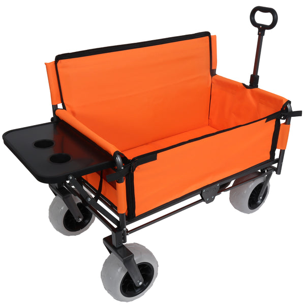 English Elm 3-in-1 Folding Wagon with Bench Seat Tabletop and All-terrain Beach Tires for Camping Orange W2932P320637