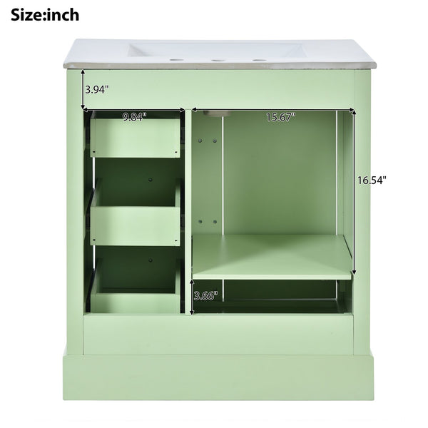 English Elm 30-Inch elegant bathroom vanity with ceramic basin, soft-close drawers, adjustable shelves, durable finish Green N729P176237L