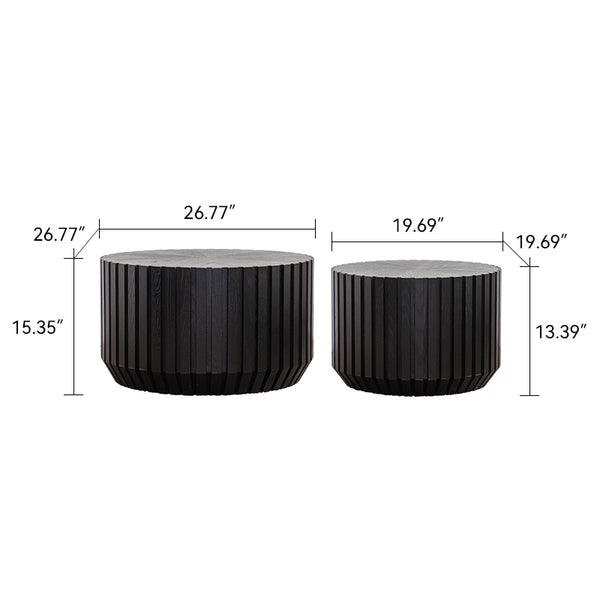 English Elm Set of 2 Fluted Round Nesting Tables Matte Black Solid Wood Living Room Accent W3158P395513