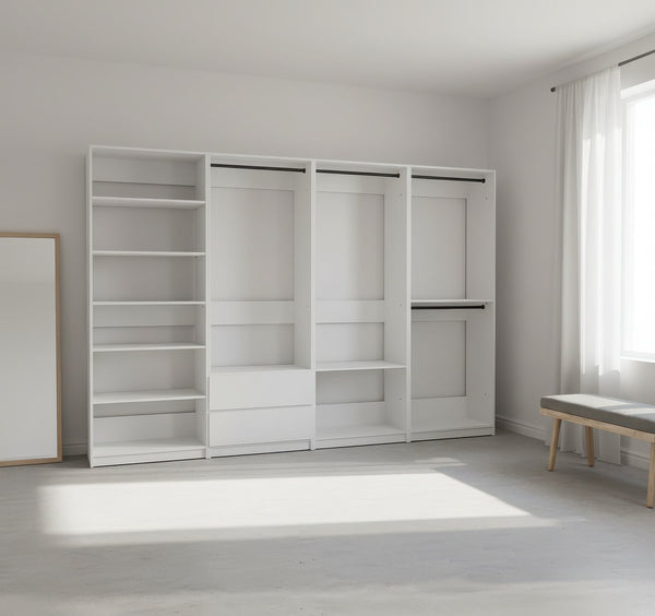 English Elm Prosper White Freestanding Walk-In Wood Closet System with Oak Finish, Ample Modular Storage & Easy Assembly B040S00147