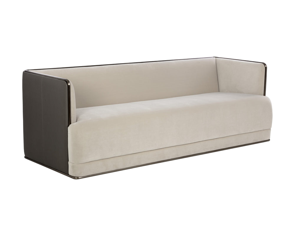 Sunpan Sierra Sofa: Modern Meg Taupe & Textured Porcini Faux Leather Design with Antique Bronze Frame