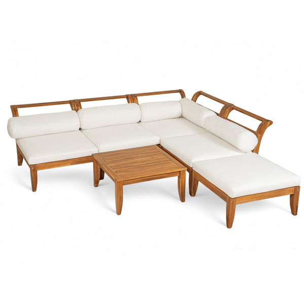 English Elm TOPMAX 6-Piece Acacia Patio Sofa Set - Modular L-Shaped Conversation Set, Convertible Daybed, Teak Beige Cushions SP100031AAA