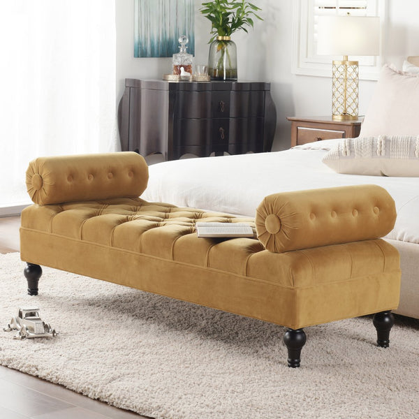 English Elm Jennifer Taylor Home - Lewis Bolster Arm Entryway Bench in Gold Velvet — Handcrafted hardwood frame, vintage bolsters, low 15" seat comfort Yellow B2719P238172