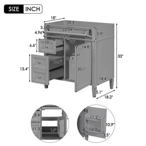 English Elm 30'' Modern Bathroom Vanity Cabinet with Roman Legs, 3 Drawers, Adjustable Shelf, Tip-Out Drawer, Durable MDF/Solid Wood Gray N710P236988E