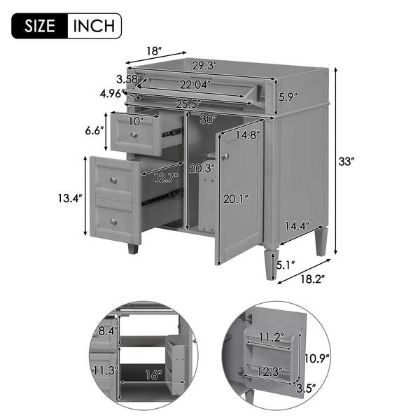 English Elm 30'' Modern Bathroom Vanity Cabinet with Roman Legs, 3 Drawers, Adjustable Shelf, Tip-Out Drawer, Durable MDF/Solid Wood Gray N710P236988E