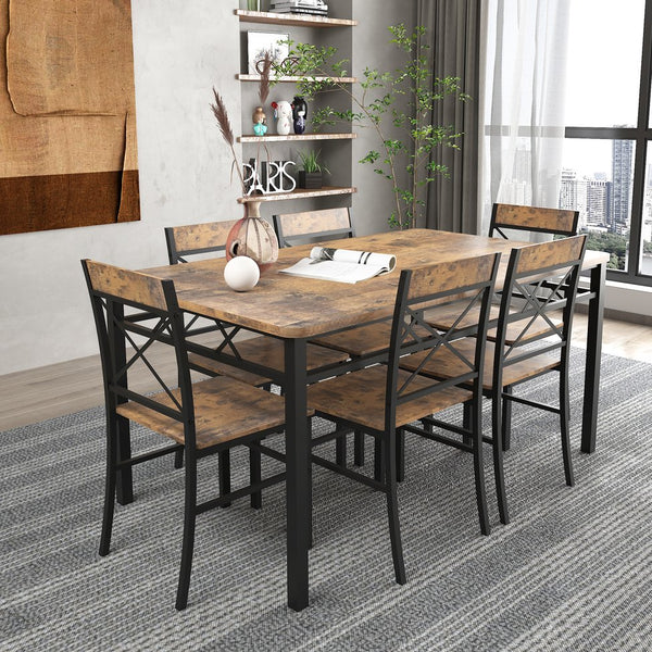 English Elm Dining Table Set With 6 Chairs - Rustic Walnut Finish, Compact Design, Easy Assembly For Small Spaces W2129P388681