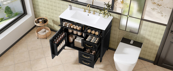 English Elm 36-Inch Bathroom Vanity With Ceramic Sink Top, Adjustable Shelf, And Modern Flip Drawer Design For Storage N725P350849B