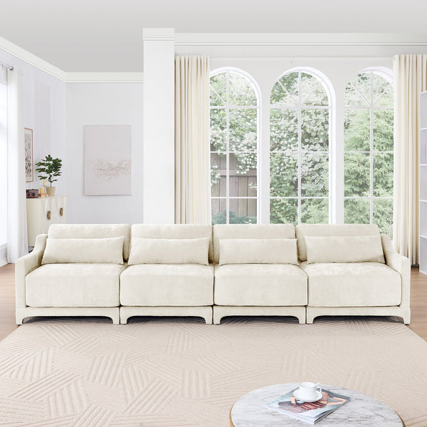 English Elm Four-Seater Chenille Sofa - Ergonomic Design, Solid Wood Frame, Lumbar Pillows, Stylish Beige Comfort W714S01200