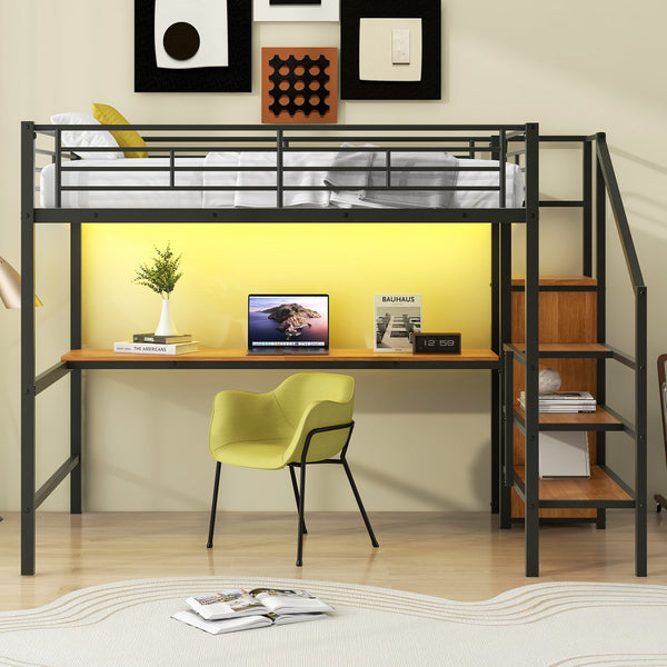 English Elm Full Size Metal Loft Bed With Desk, Storage Steps, Wardrobe, Led Light - Perfect For Small Spaces! GX000620AAB-1