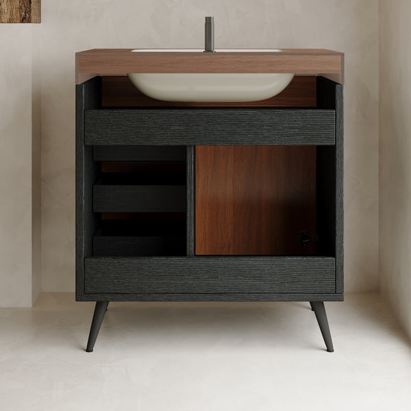 English Elm 29.9" Floating Bathroom Vanity Sintered Stone Top Soft Close Drawers Bronze Gold Hardware Brown,Walnut,White W3136S00045