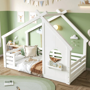 English Elm Twin House Bed Low Profile Pine Wood Frame with Shelf Montessori Kids Floor Sleeping White W5305P429642