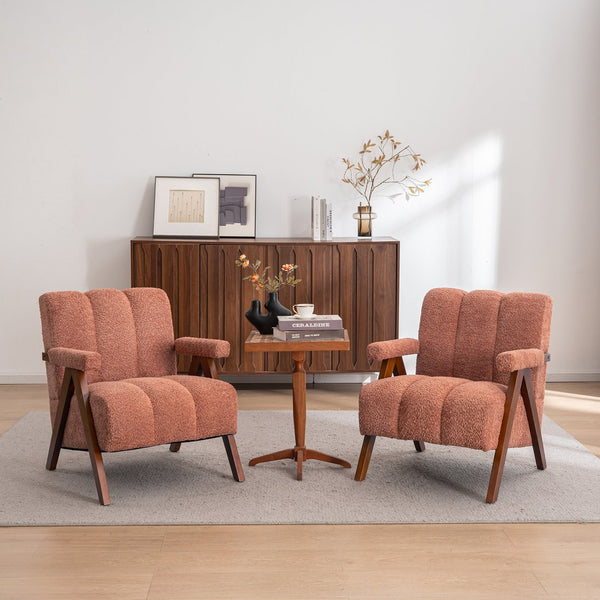 English Elm Mid-century Modern Chenille Lounge Chair Set Oak Frame Cloud Silhouette Living Room Rust Red W1170S00049