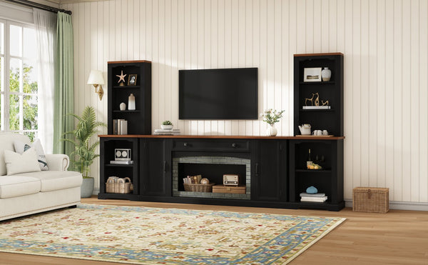 English Elm 3-piece Farmhouse Entertainment Center with Curved Cabinets Walnut Mdf Modular Living Room Black N721S000068B